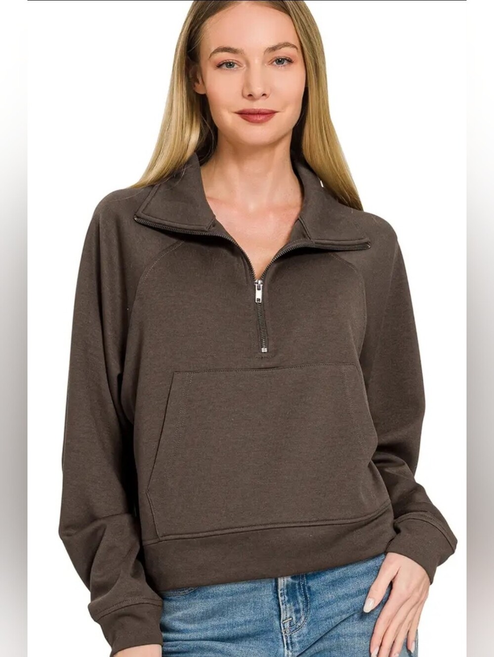 Zenana Outfitters Chocolate Brown Half-Zip Pullover Hoodie